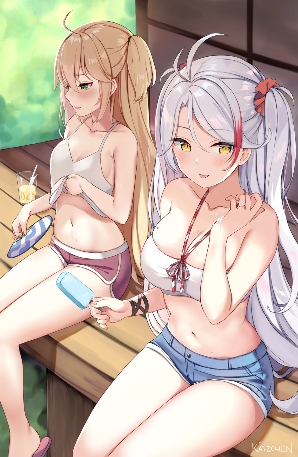 admiral_hipper_(azur_lane) azur_lane bikini_top cleavage kaetzchen no_bra prinz_eugen_(azur_lane) shirt_lift swimsuits