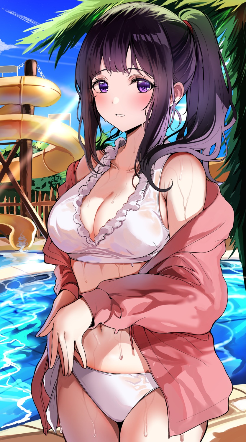 bikini chitanda_eru cleavage hyouka open_shirt sak see_through swimsuits wet wet_clothes