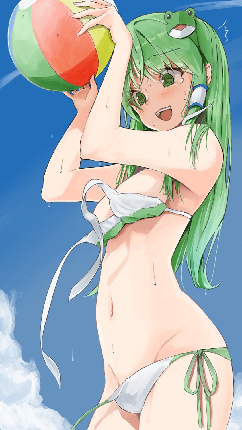 bikini kochiya_sanae panty_pull swimsuits touhou wardrobe_malfunction yamabukiiro_(browncat)