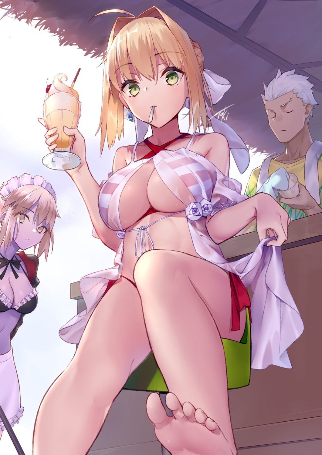 archer bikini cleavage emiya_shirou fate/grand_order feet maid saber saber_alter saber_extra see_through skirt_lift swimsuits virtu.al