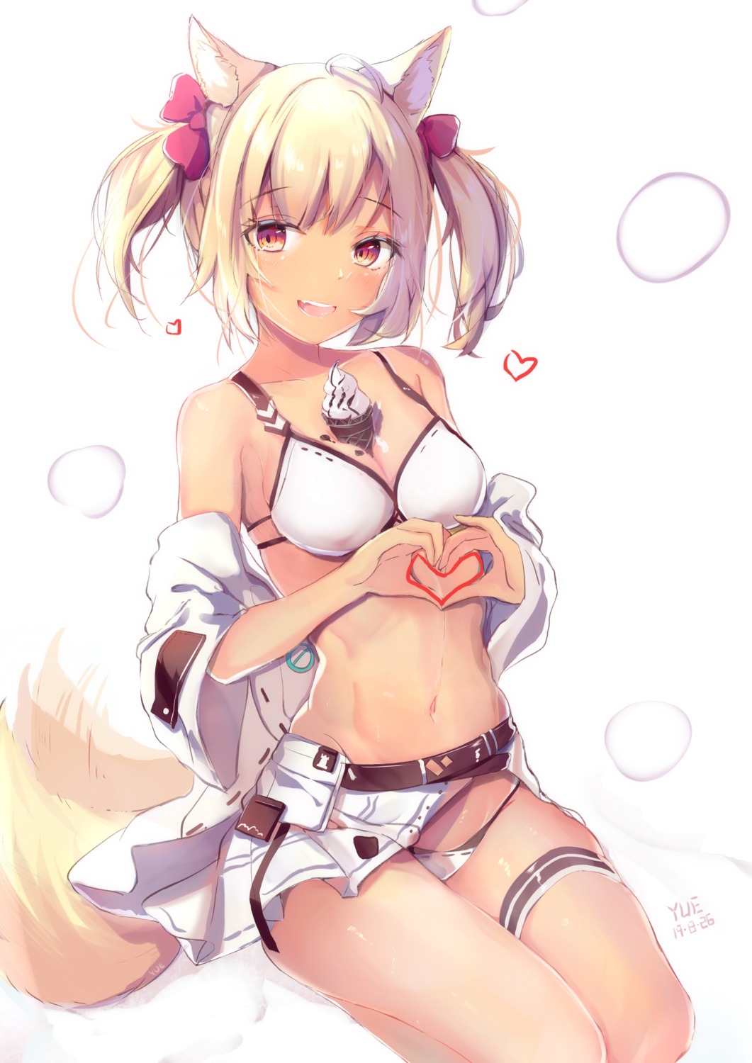 animal_ears arknights bikini cleavage cream garter open_shirt sora_(arknights) swimsuits tail yue_(qtxyjiang)