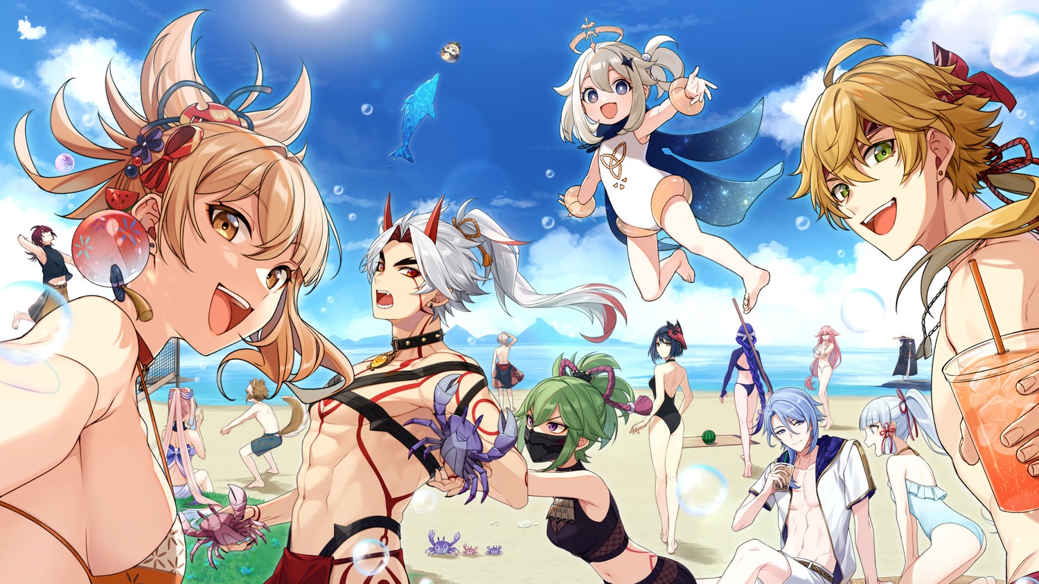 animal_ears bikini bikini_top genshin_impact horns kitsune onimoti paimon swimsuits tattoo thong