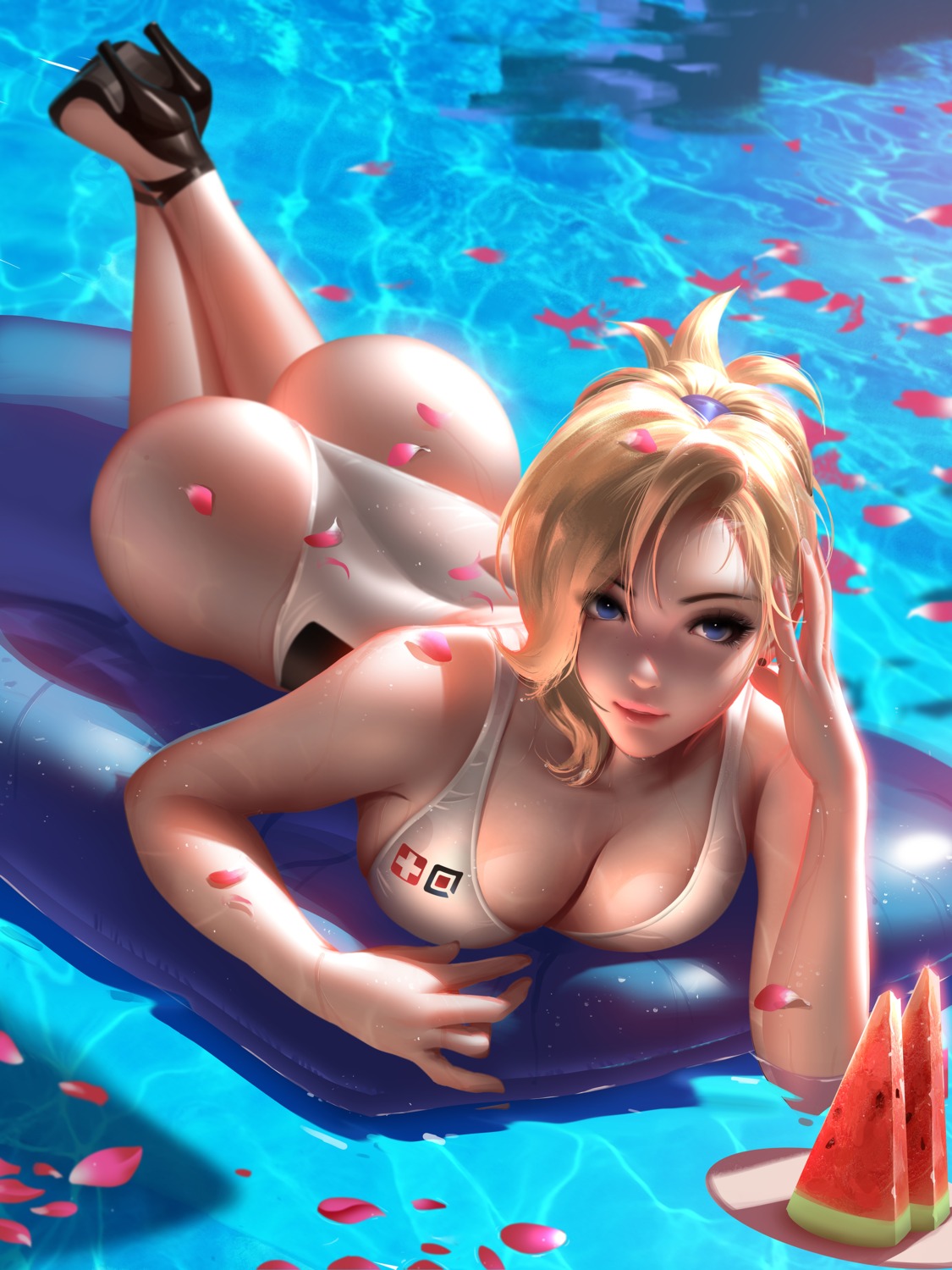 ass cleavage heels liang_xing mercy_(overwatch) overwatch swimsuits wet