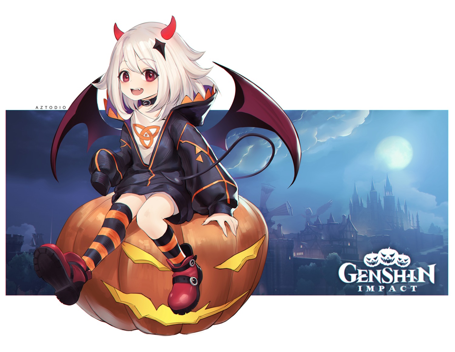 azto_dio genshin_impact halloween horns paimon tail thighhighs wings