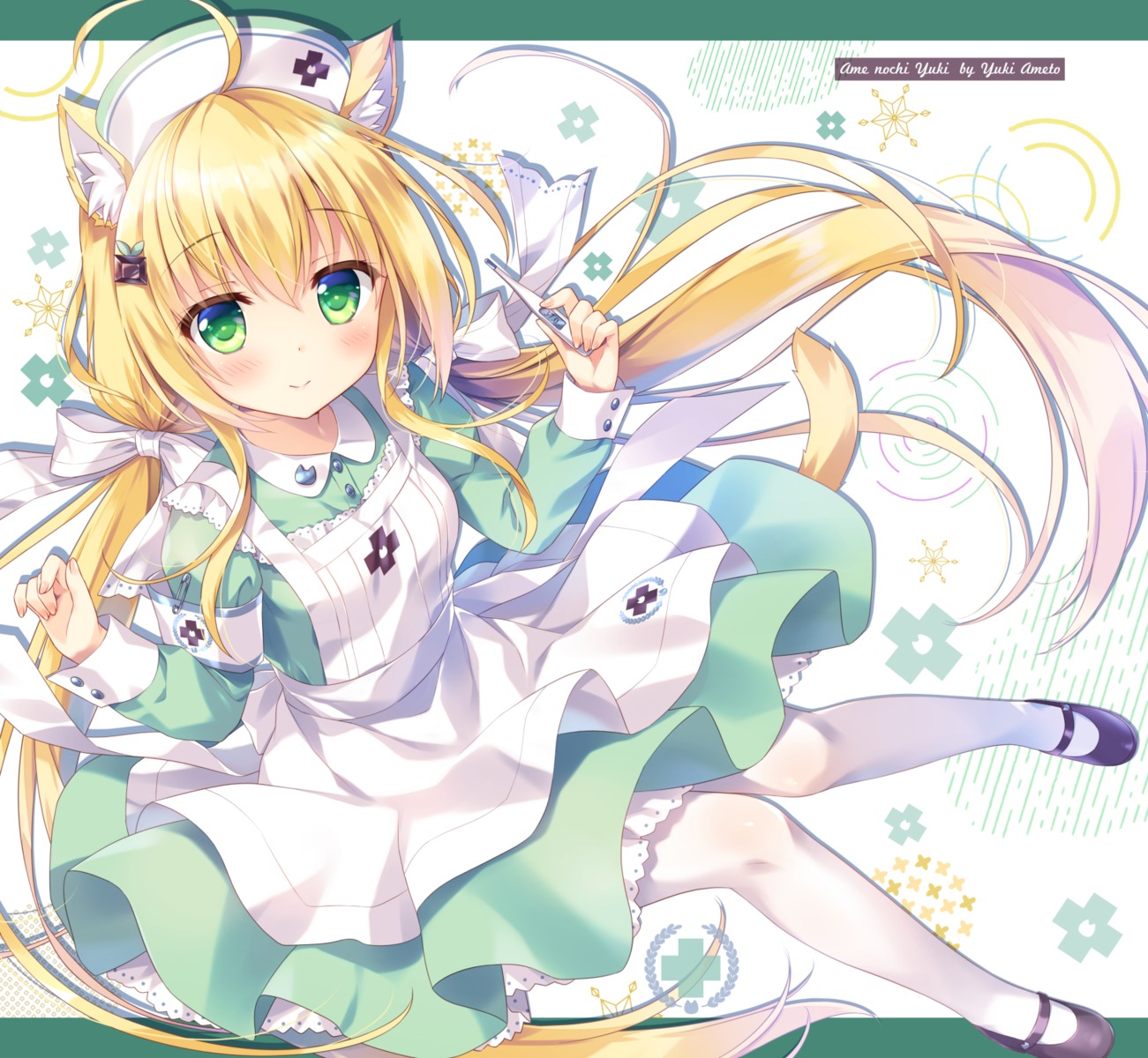 ameto_yuki animal_ears choco_mint_(ameto_yuki) kitsune nurse pantyhose skirt_lift tail