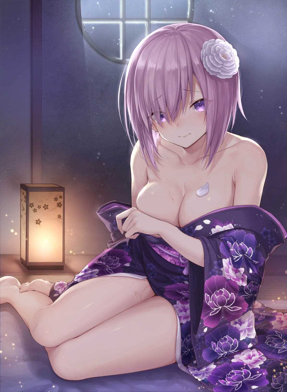 breast_hold cleavage fate/grand_order kimono mash_kyrielight mashu_(003) no_bra open_shirt