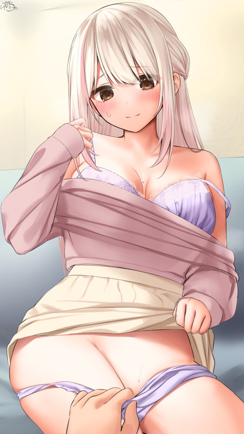 bra cleavage open_shirt pantsu panty_pull ramchi skirt_lift sweater undressing