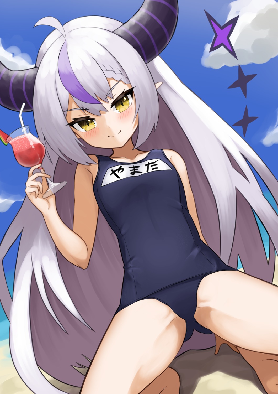 hololive horns la+_darknesss loli pointy_ears pyonsan school_swimsuit swimsuits tail