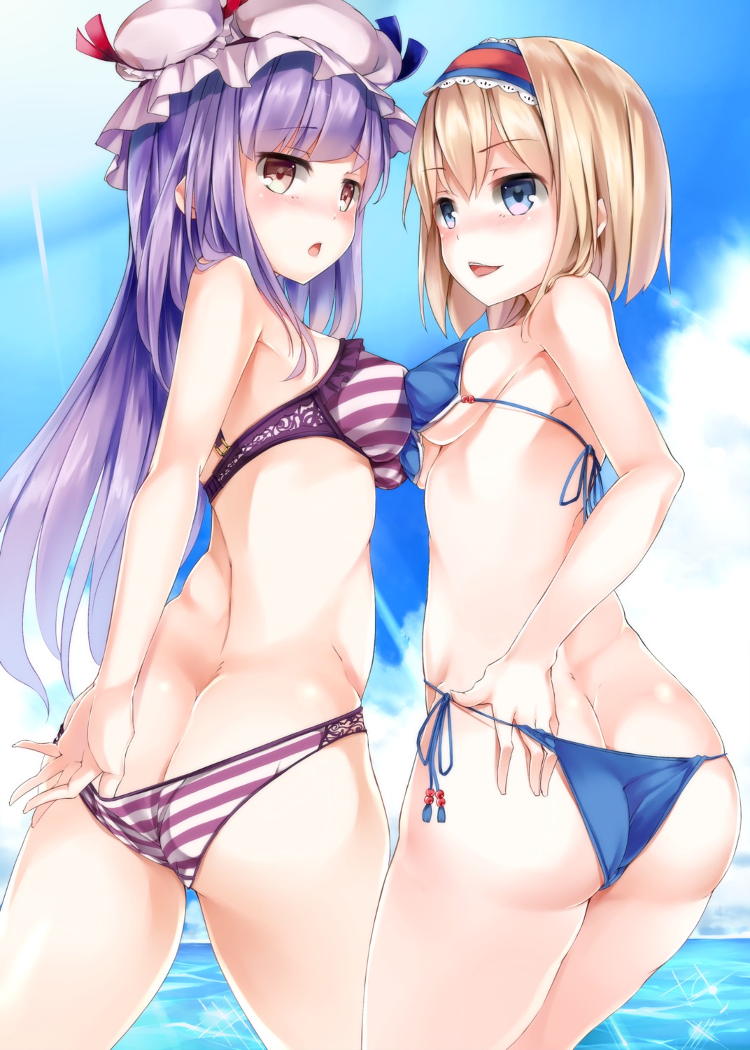 alice_margatroid ass bikini erect_nipples monoto panty_pull patchouli_knowledge swimsuits symmetrical_docking touhou underboob