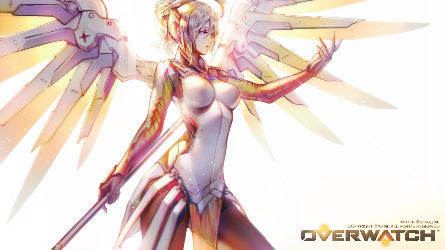 'o'ne bodysuit mercy_(overwatch) overwatch wallpaper weapon wings