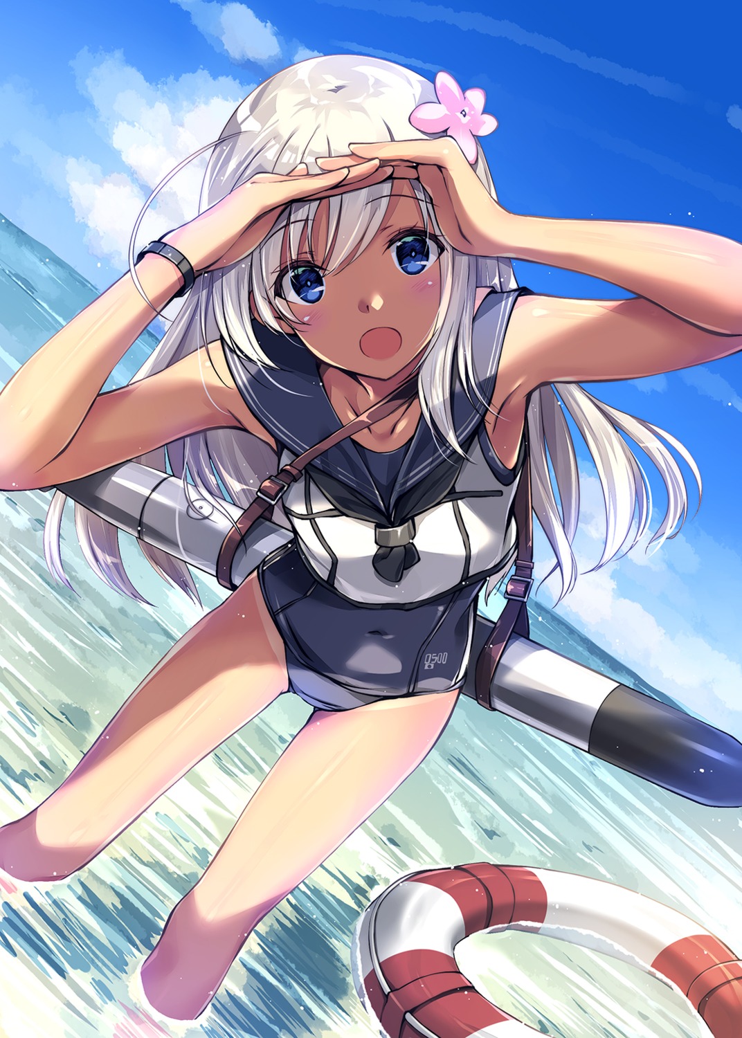 kantai_collection kobayashi_chisato ro-500 school_swimsuit seifuku swimsuits tan_lines weapon wet