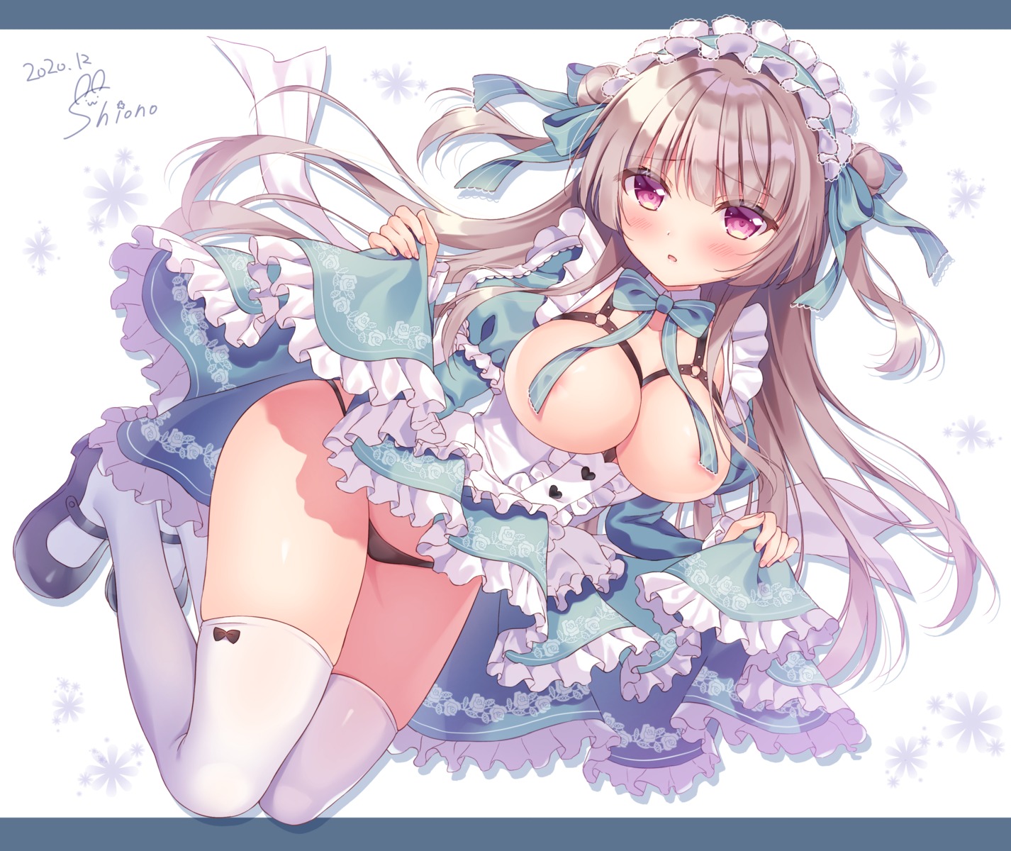 areola breasts maid no_bra pantsu siooooono skirt_lift thighhighs