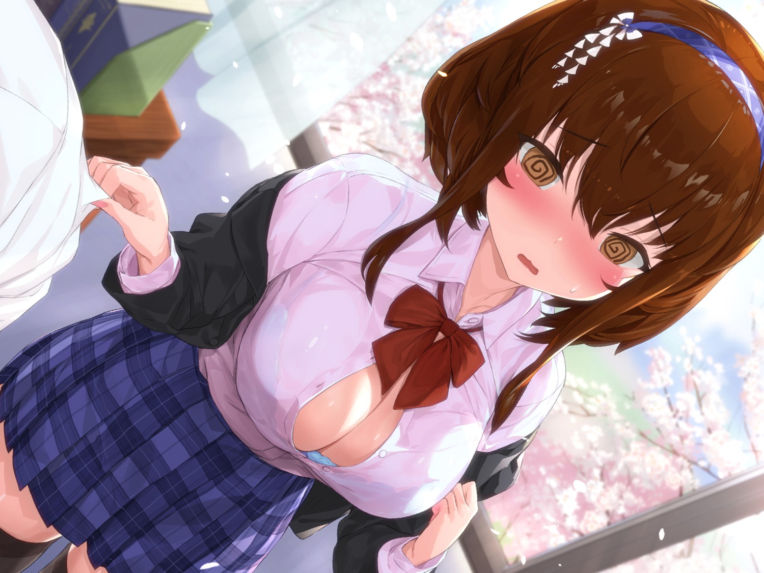 bra cleavage crystal_shoujo open_shirt see_through seifuku thighhighs