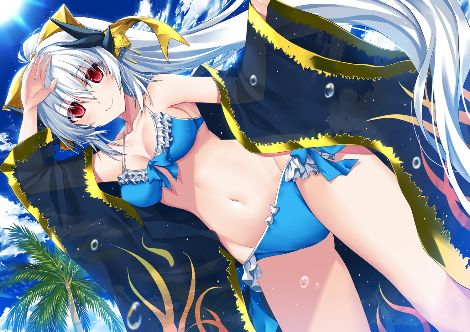 bikini cleavage fate/grand_order horns kiyohime_(fate/grand_order) morizono_shiki open_shirt swimsuits