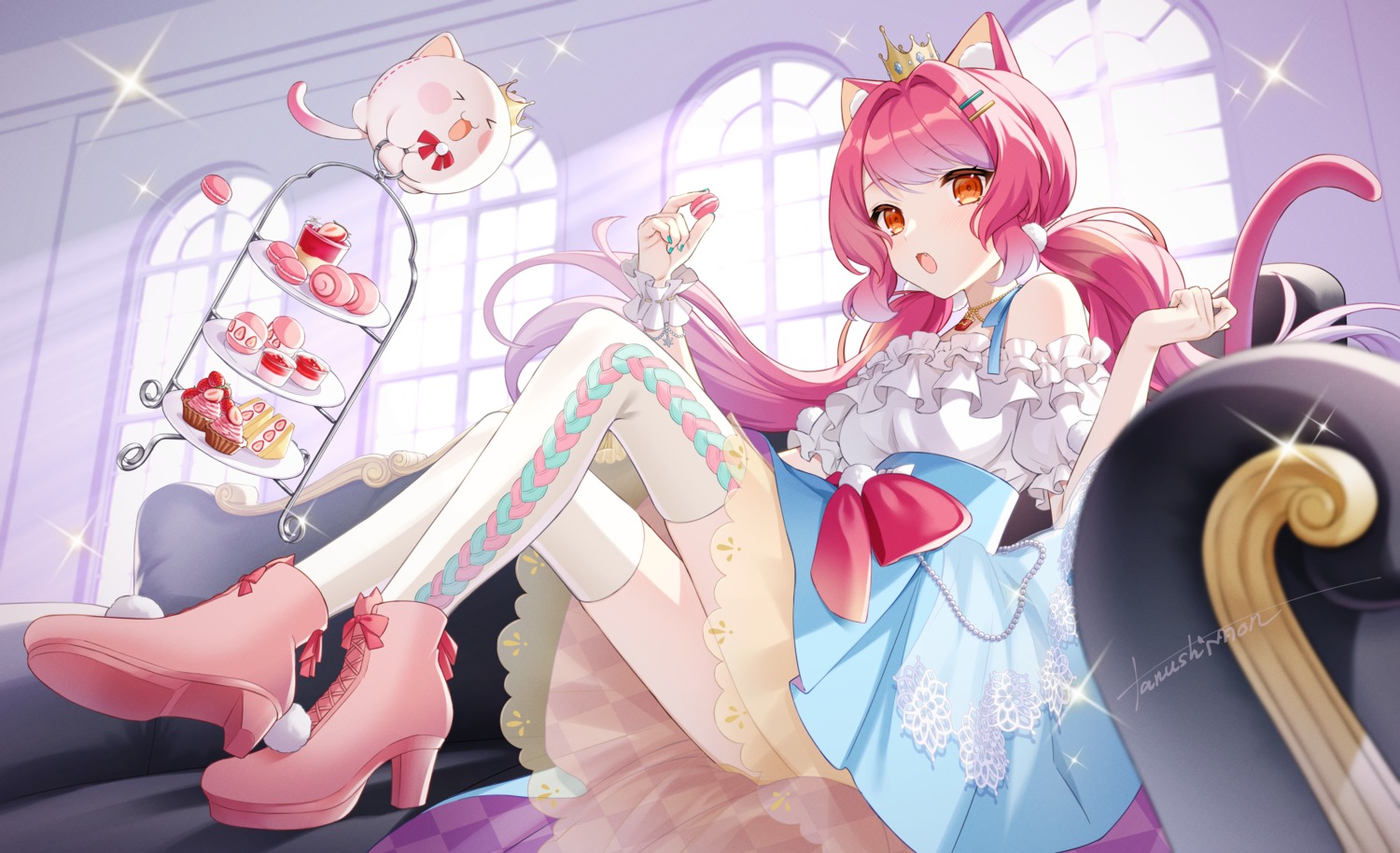 animal_ears dress heels indie_virtual_youtuber nekomimi see_through skirt_lift tail tanushimon thighhighs