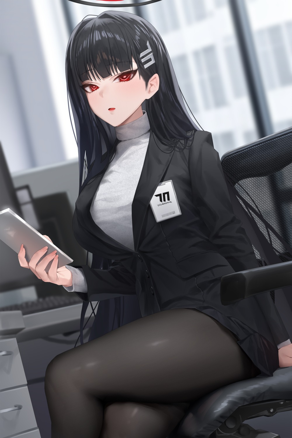 blue_archive business_suit halo pantyhose ruhee skirt_lift sweater tsukatsuki_rio