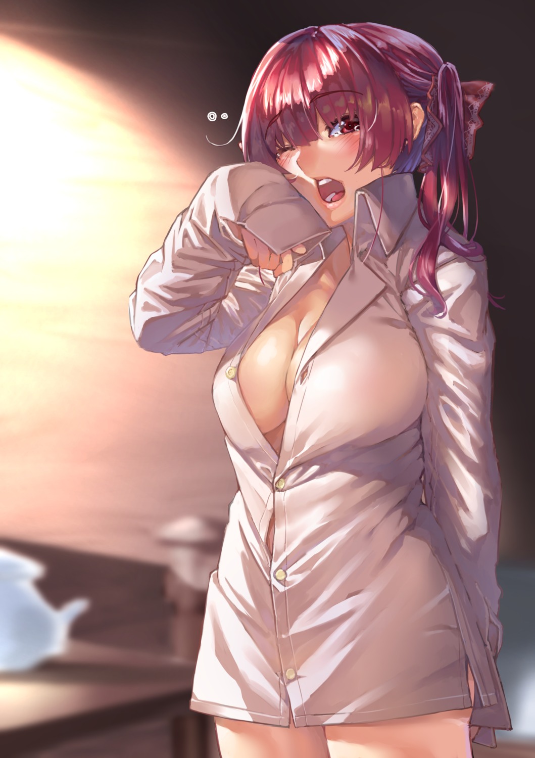 cleavage dress_shirt hololive houshou_marine koubou_(cowbow_kun) no_bra open_shirt