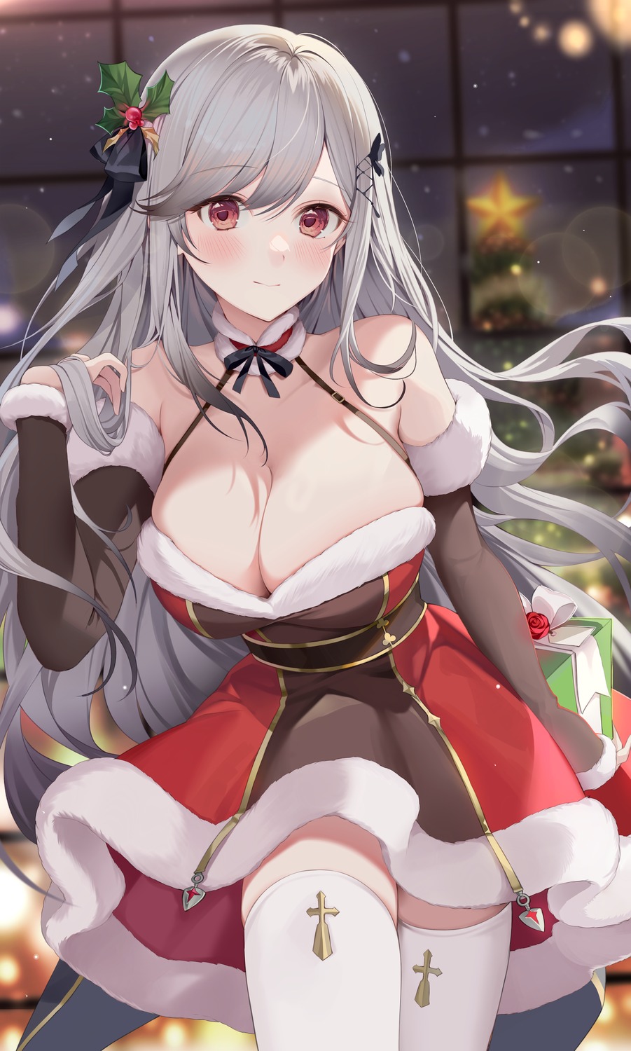 azur_lane christmas dress dunkerque_(azur_lane) ion_(on01e) no_bra thighhighs