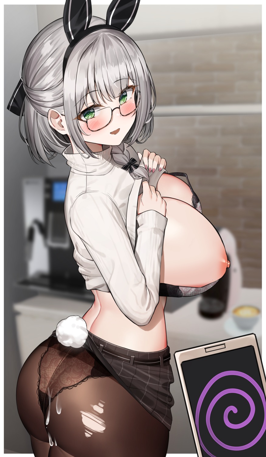 animal_ears ass bra breast_hold breasts bunny_ears cum hololive kuse_(0201) megane pantsu pantyhose shirogane_noel shirt_lift skirt_lift sweater tail thong torn_clothes