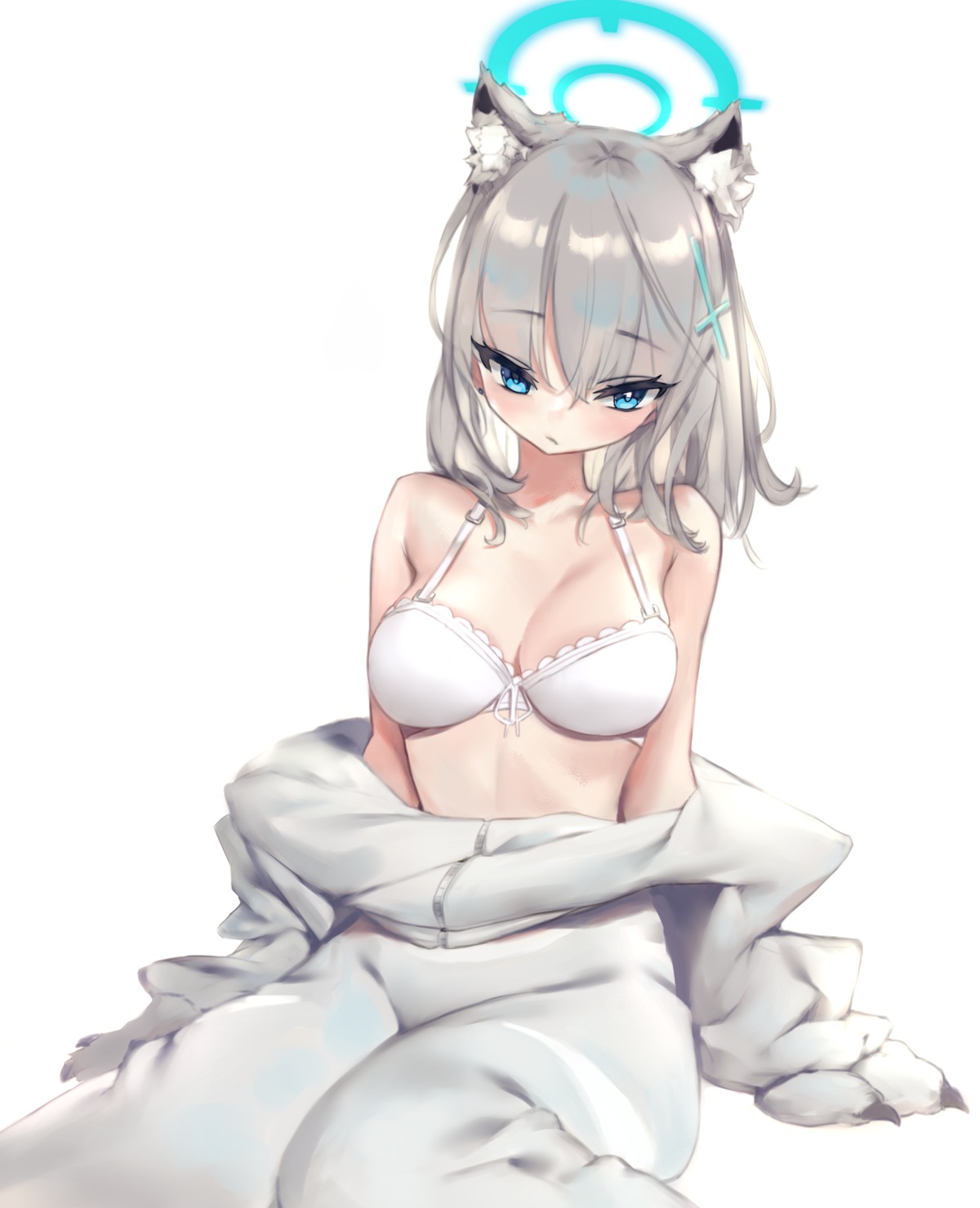 ach_(user_dmdp4335) animal_ears blue_archive bodysuit bra halo nekomimi open_shirt sunaookami_shiroko