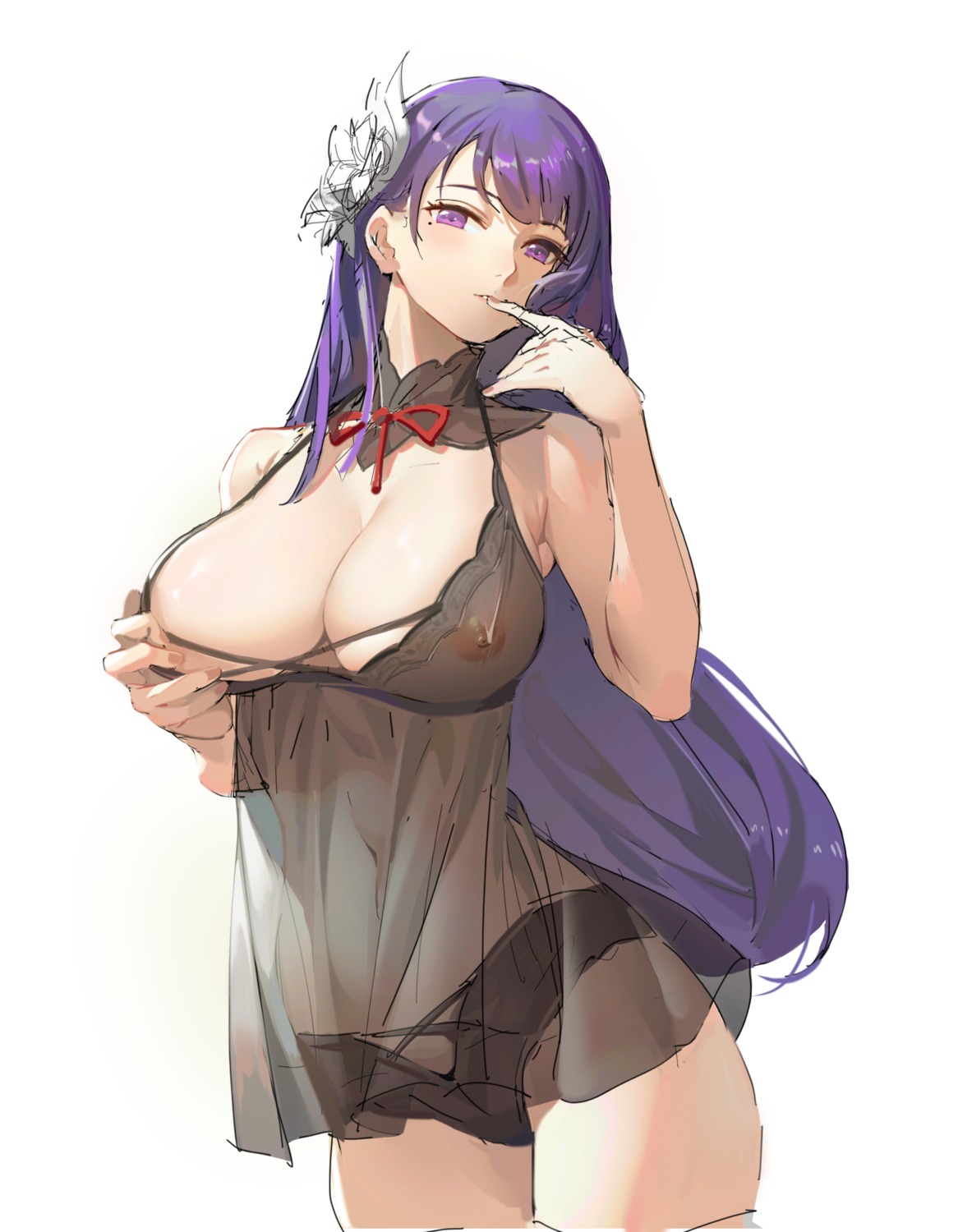 breast_hold doconim genshin_impact lingerie nipples no_bra pantsu raiden_shogun see_through sketch undressing