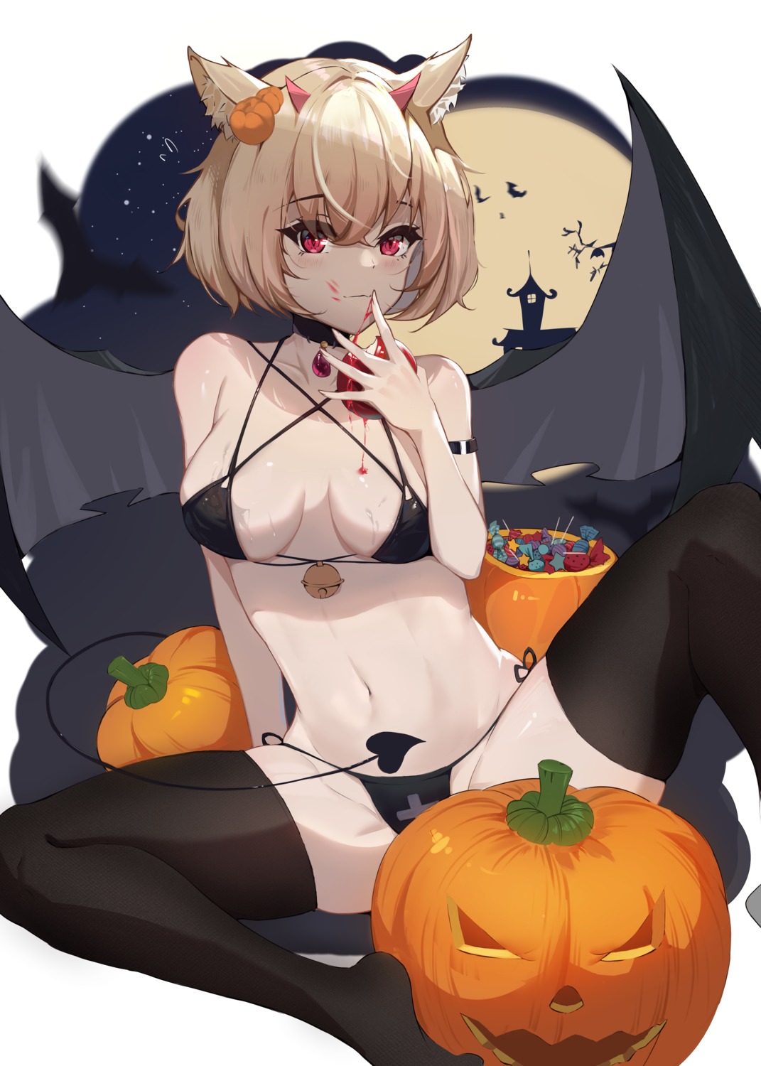 animal_ears bikini devil halloween nekomimi swimsuits tail thighhighs wings yamasede_neiko