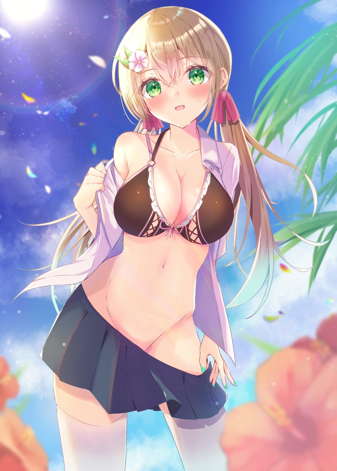 aonu_koru bikini_top nopan open_shirt seifuku swimsuits thighhighs undressing