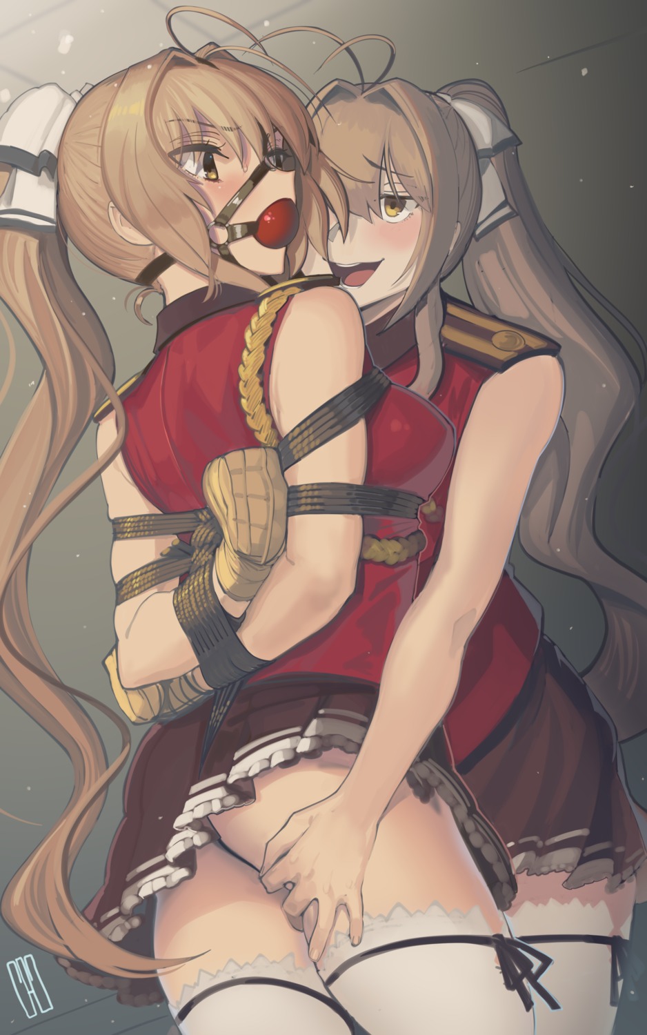 amagi_brilliant_park ass bondage kaddo nopan sento_isuzu skirt_lift thighhighs uniform yuri