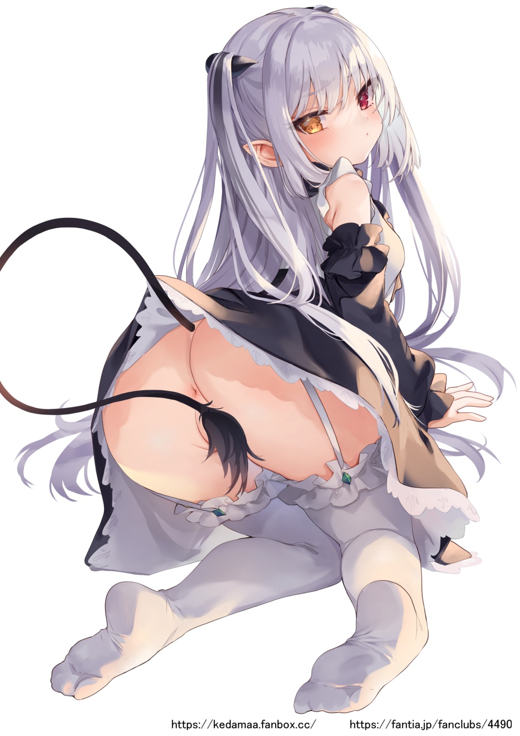 anus ass chloe_lilithtera feet heterochromia horns nopan pointy_ears skirt_lift stockings tail tamano_kedama thighhighs