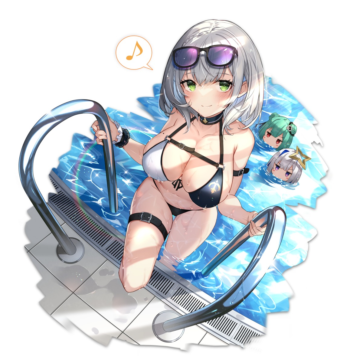 amane_kanata bikini chibi garter halo hololive ishihara_(kuniyoshi) megane shirogane_noel swimsuits uruha_rushia wet