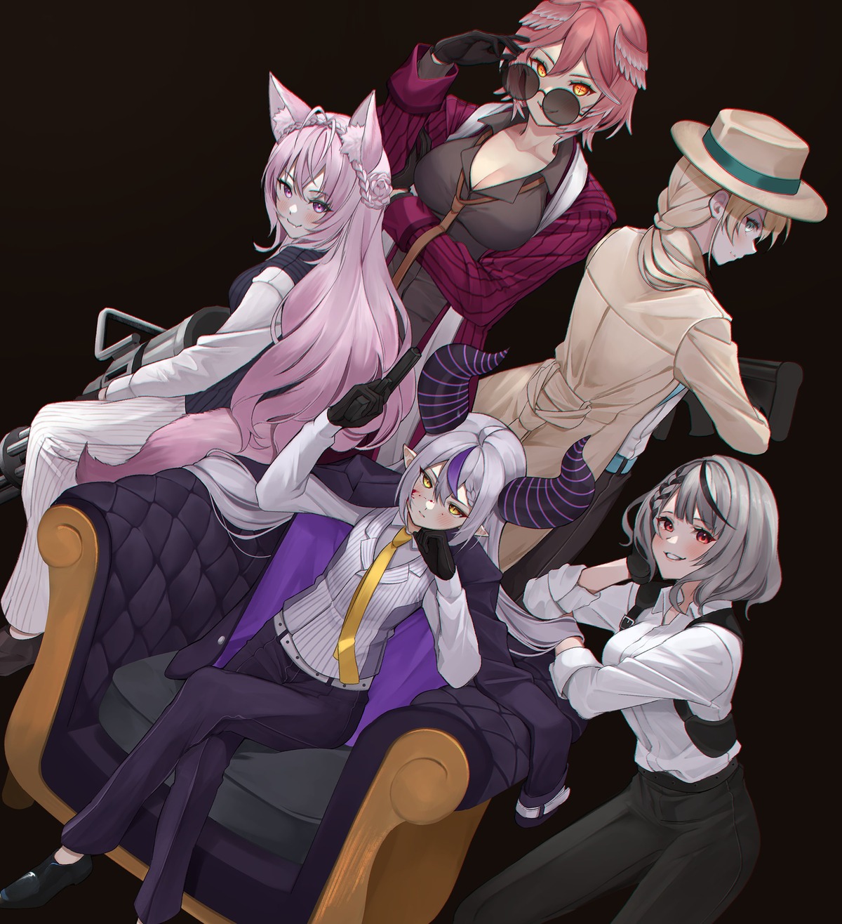 animal_ears blood business_suit cleavage devil dress_shirt gun hakui_koyori hololive horns kazama_iroha la+_darknesss megane pointy_ears sakamata_chloe tail takane_lui uniform wings yuya_(pixiv37335712)