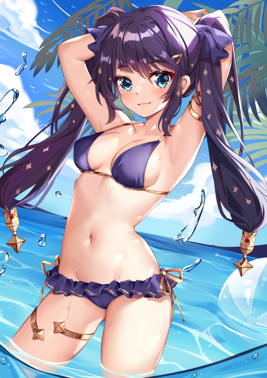 bikini cameltoe garter genshin_impact mona_megistus squchan swimsuits wet