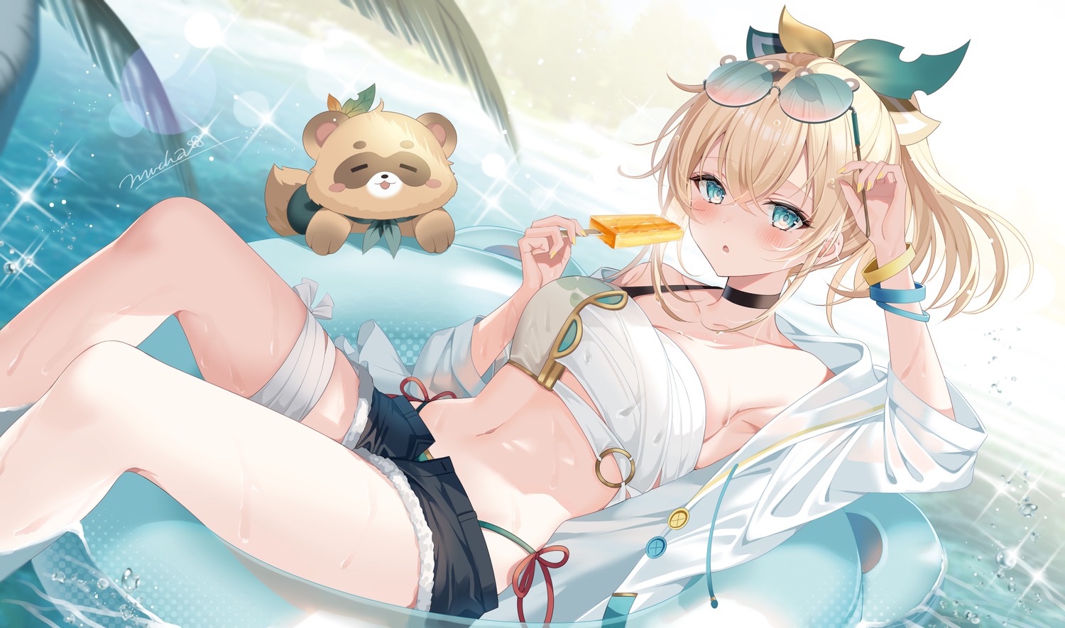 bandages bikini hololive kazama_iroha megane myusha open_shirt sarashi swimsuits wet