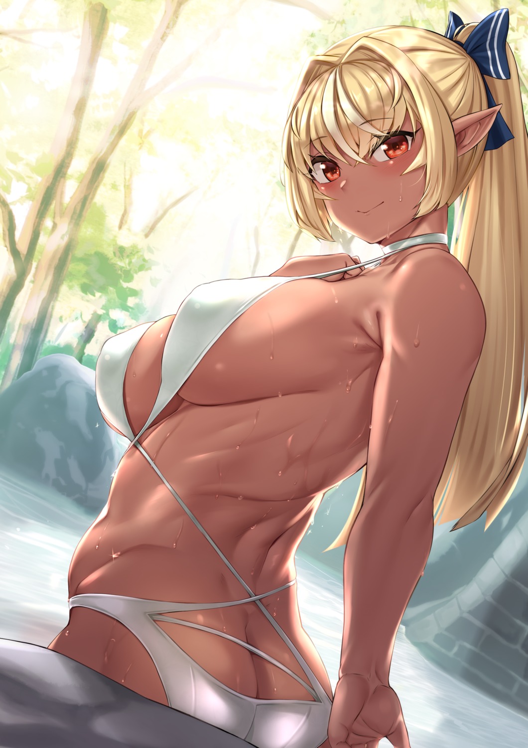 ass elf hololive moisture_(chichi) pointy_ears shiranui_flare swimsuits wet