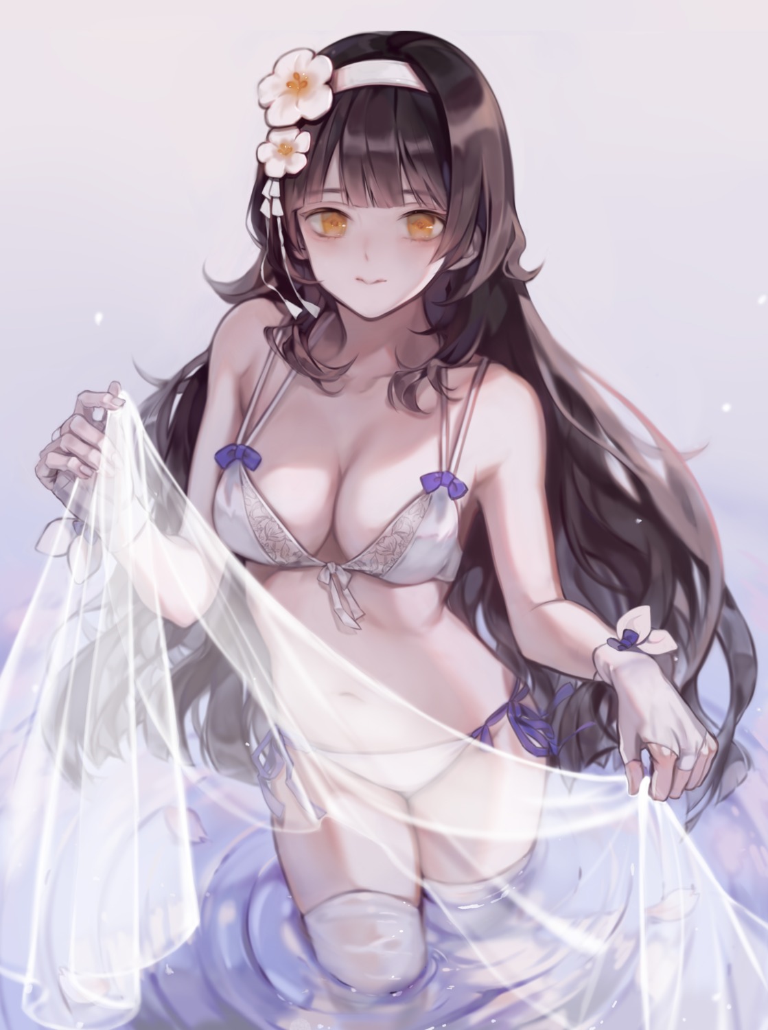 bikini cleavage girls_frontline minncn qbz-95_(girls_frontline) see_through swimsuits thighhighs wet