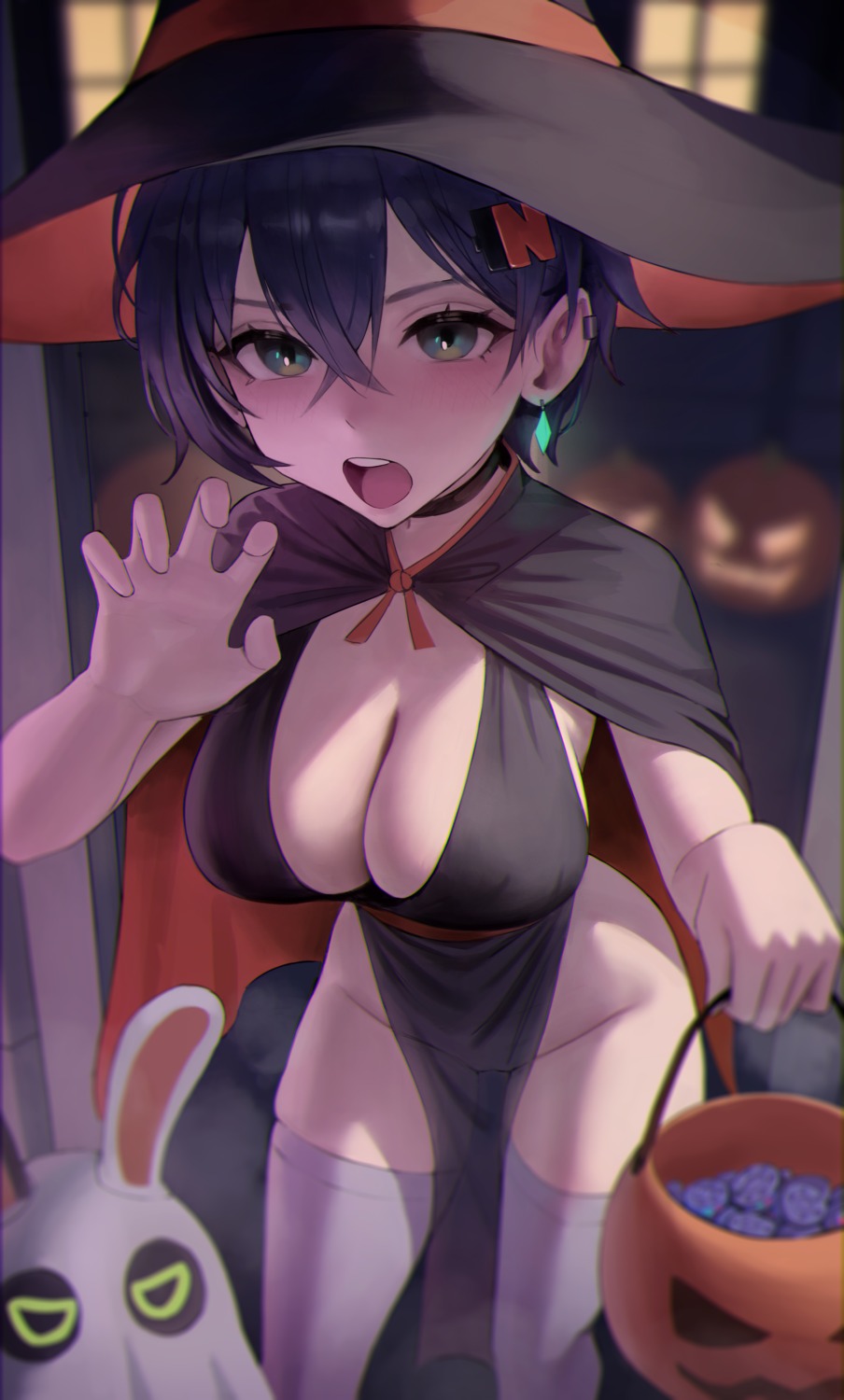 bangboo belle_(zenless_zone_zero) dress halloween no_bra nopan see_through thighhighs witch yeayeo_jzat zenless_zone_zero