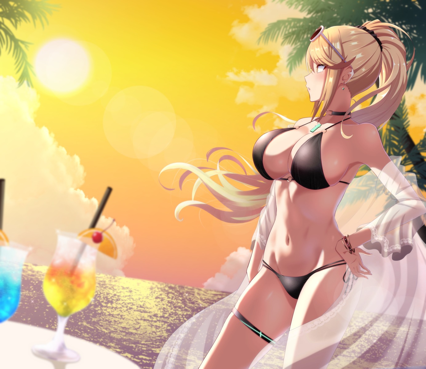 bikini cleavage garter hikari_(xenoblade_2) mebi_(mebieru) megane open_shirt see_through swimsuits xenoblade_(series) xenoblade_2