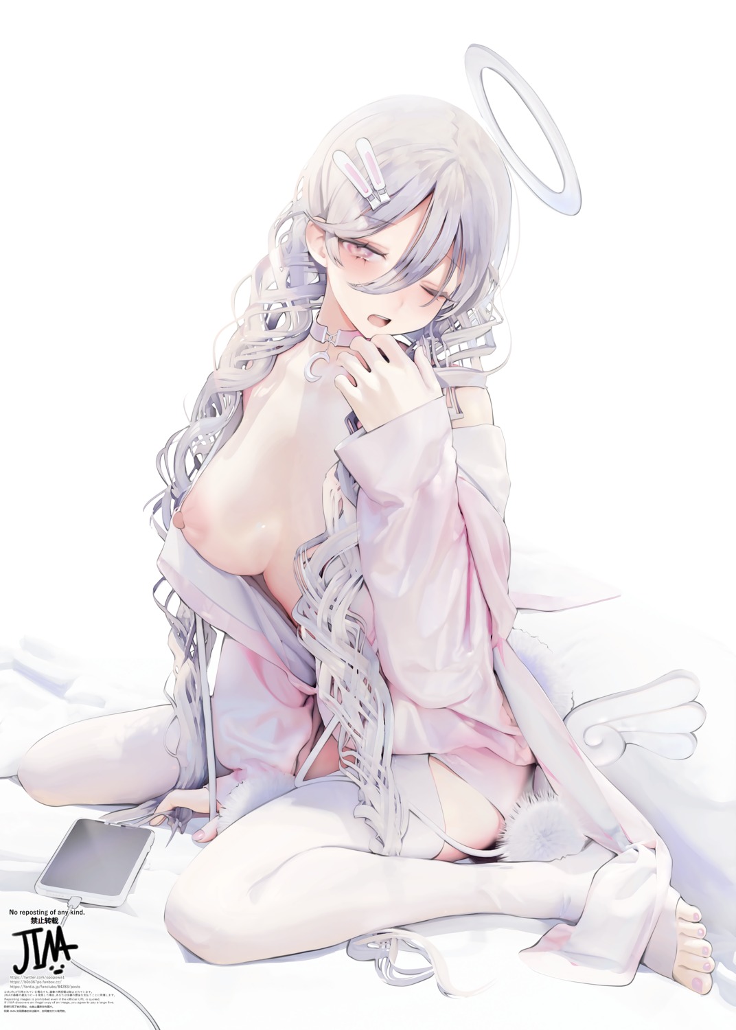 angel breasts feet iijima_masashi nipples no_bra open_shirt thighhighs wings