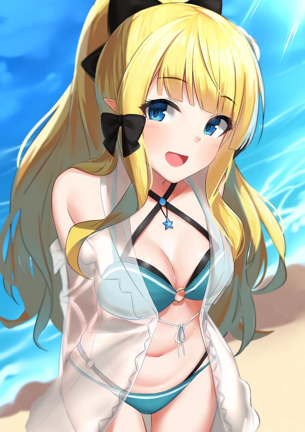 bikini cleavage open_shirt pointy_ears princess_connect princess_connect!_re:dive sasaki_saren see_through skelab3 swimsuits