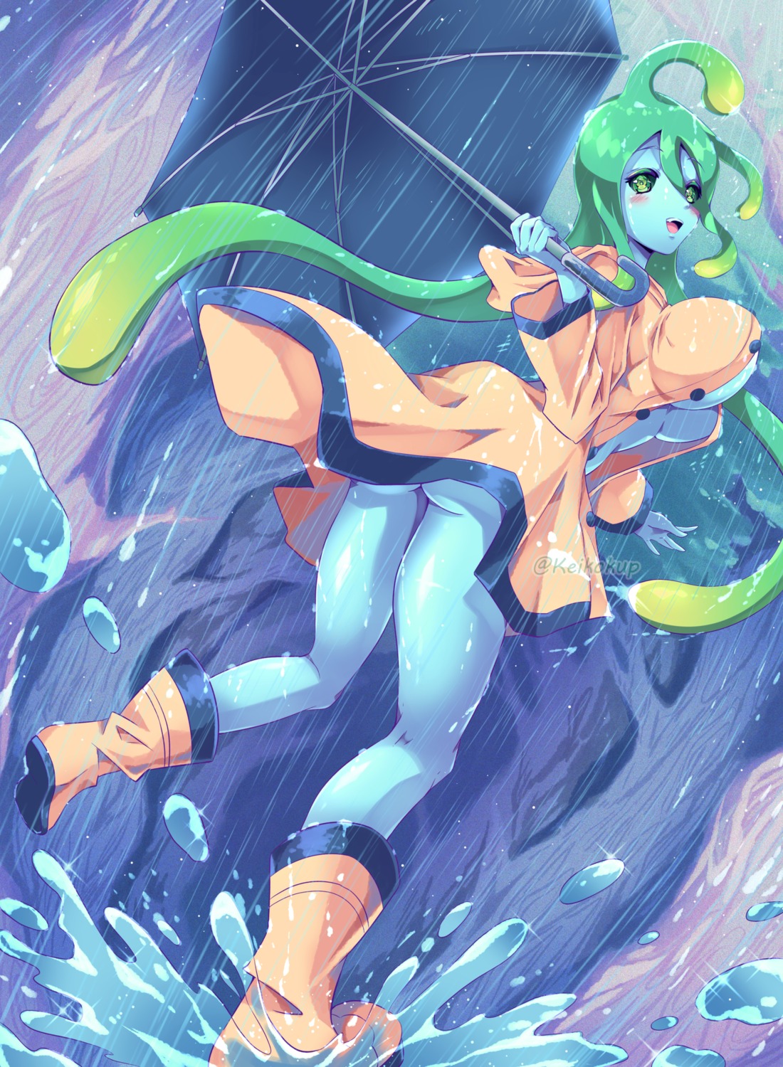 ass bottomless keikokup monster_girl monster_musume_no_iru_nichijou no_bra open_shirt suu_(monster_musume) umbrella wet