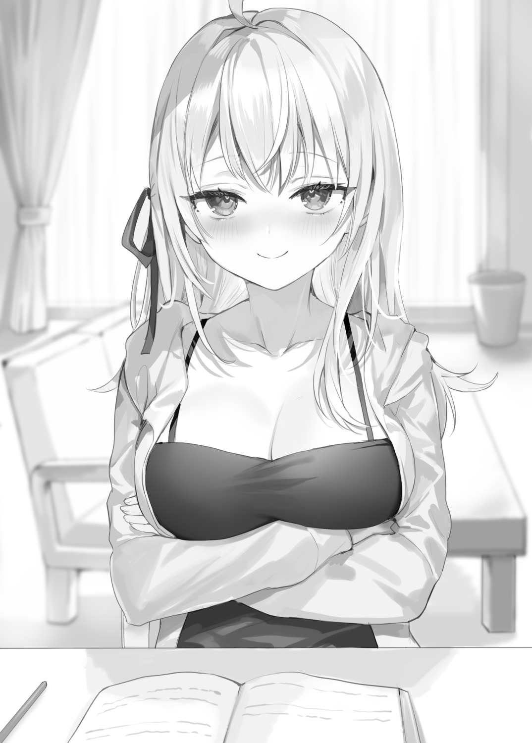 alisa_mikhailovna_kujou breast_hold cleavage momoko_(momopoco) monochrome tokidoki_bosotto_roshia-go_de_dereru_tonari_no_alya-san