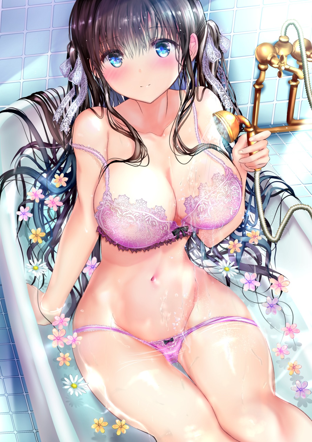 areola bathing bra lingerie ogata_tei pantsu panty_pull see_through wet