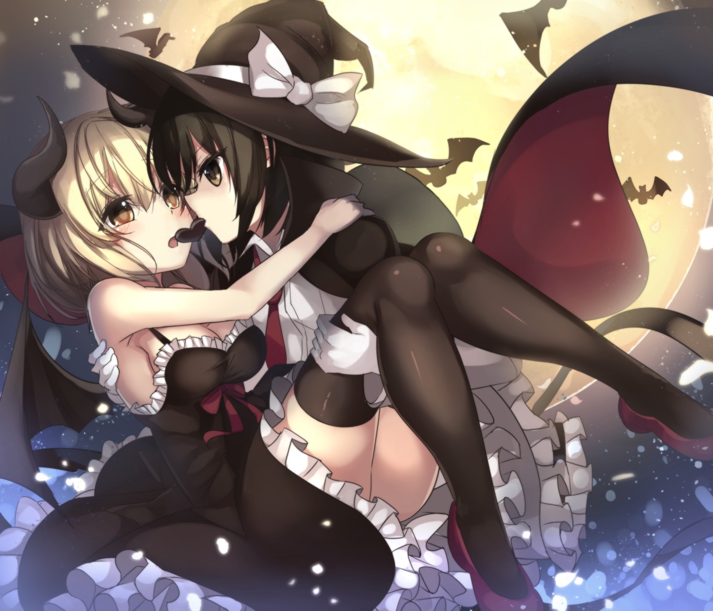 cleavage dress halloween horns janne_cherry maribel_hearn thighhighs touhou usami_renko wings witch yuri