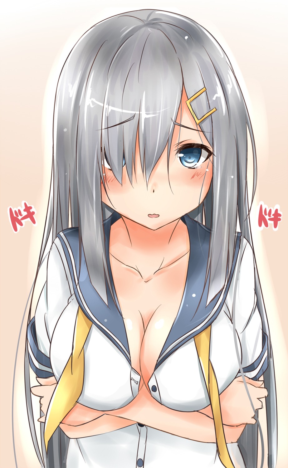 breast_hold cleavage hamakaze_(kancolle) kantai_collection open_shirt saku_(kudrove) seifuku