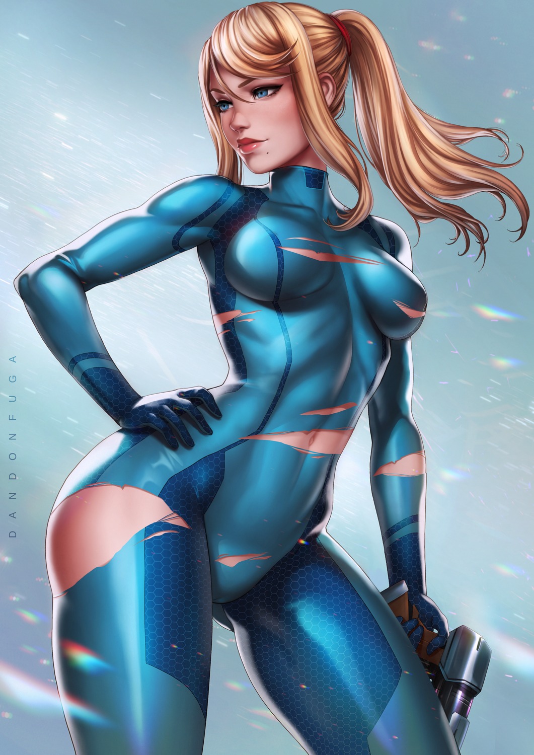 bodysuit cameltoe dandon_fuga gun metroid no_bra samus_aran torn_clothes