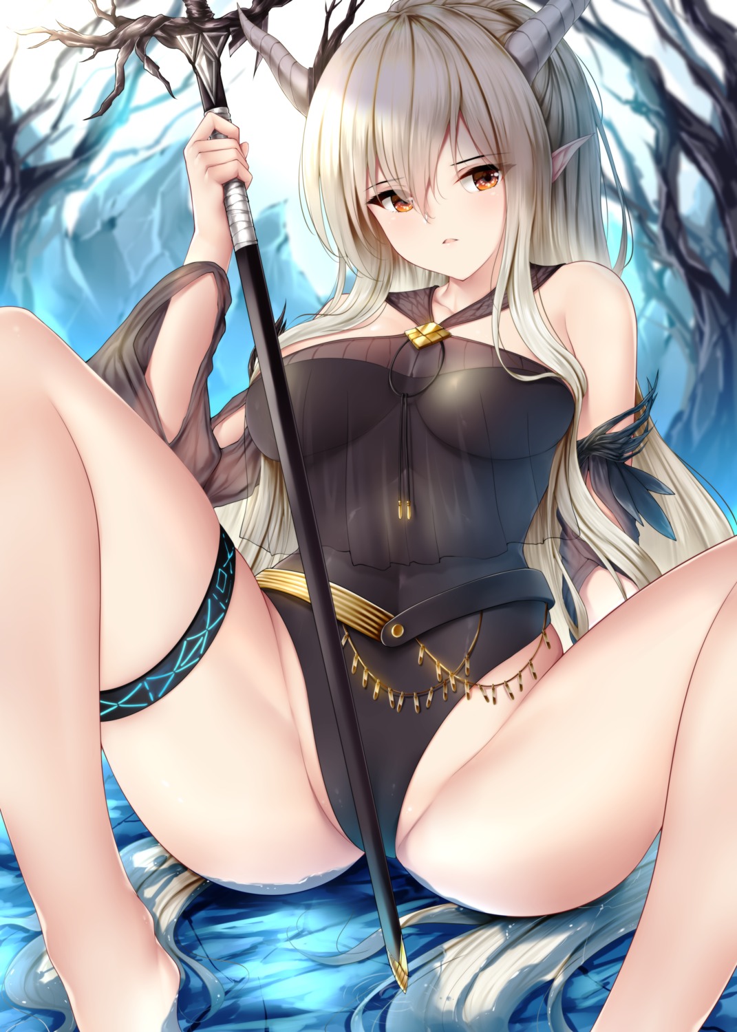 arknights garter horns pointy_ears shining_(arknights) swimsuits weapon wet wsman