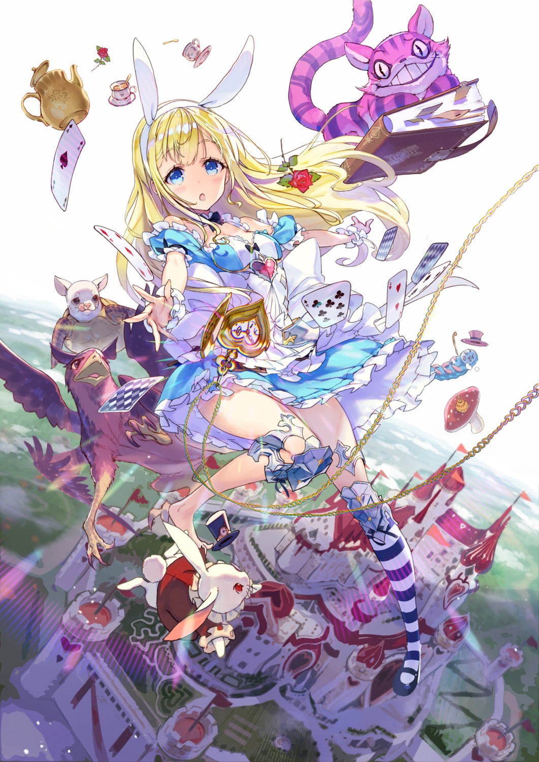 alice alice_in_wonderland animal_ears armor bunny_ears cleavage dress neko pantsu sanbasou skirt_lift