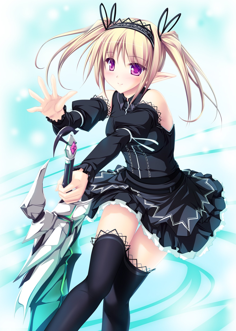 dress elf pointy_ears sword tenmaso thighhighs