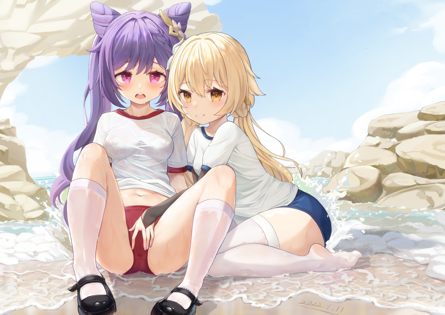 buruma cameltoe erect_nipples fingering genshin_impact gym_uniform keqing lumine no_bra see_through thighhighs wei_(pixiv53355564) wet wet_clothes yuri