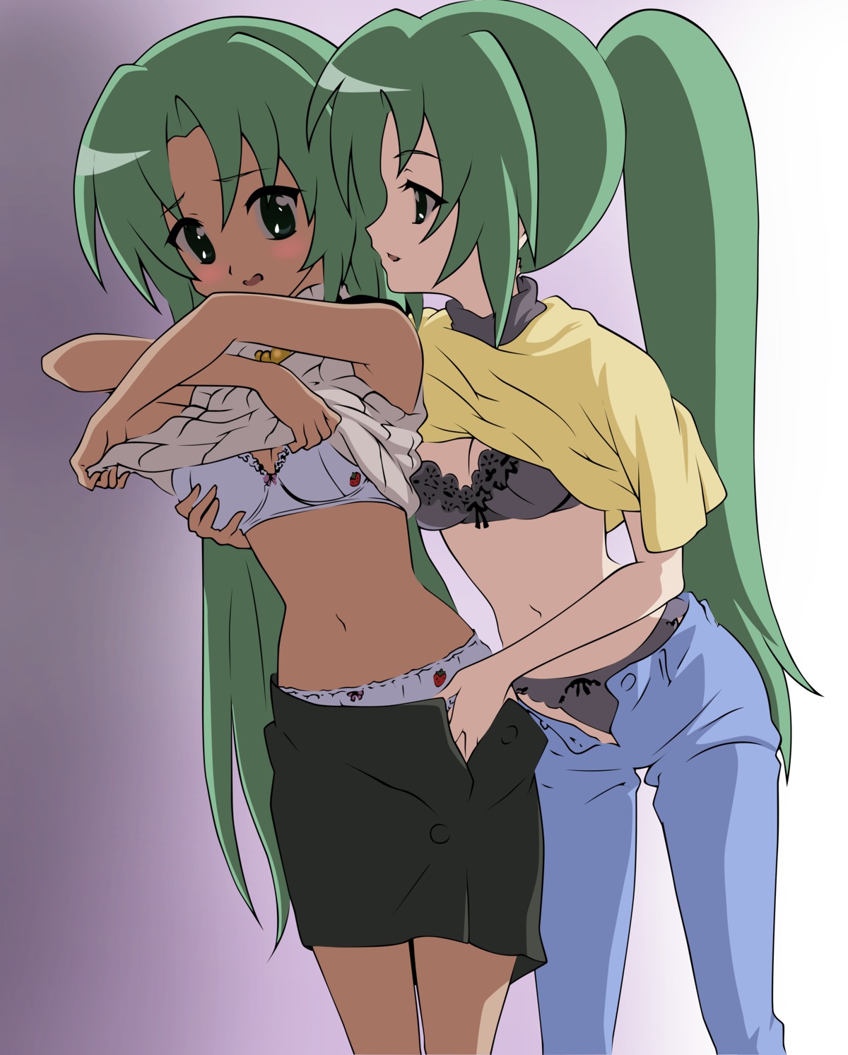 bra breast_grab higurashi_no_naku_koro_ni shirt_lift sonozaki_mion sonozaki_shion undressing vector_trace